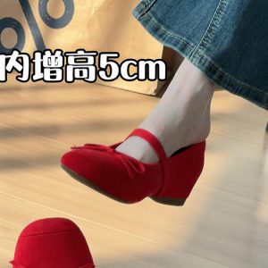 Genuine Leather Sheepskin Mary Jane Ballet Shoes for Women - 5cm Height-Increasing Shallow Mouth Bow Evening Shoes