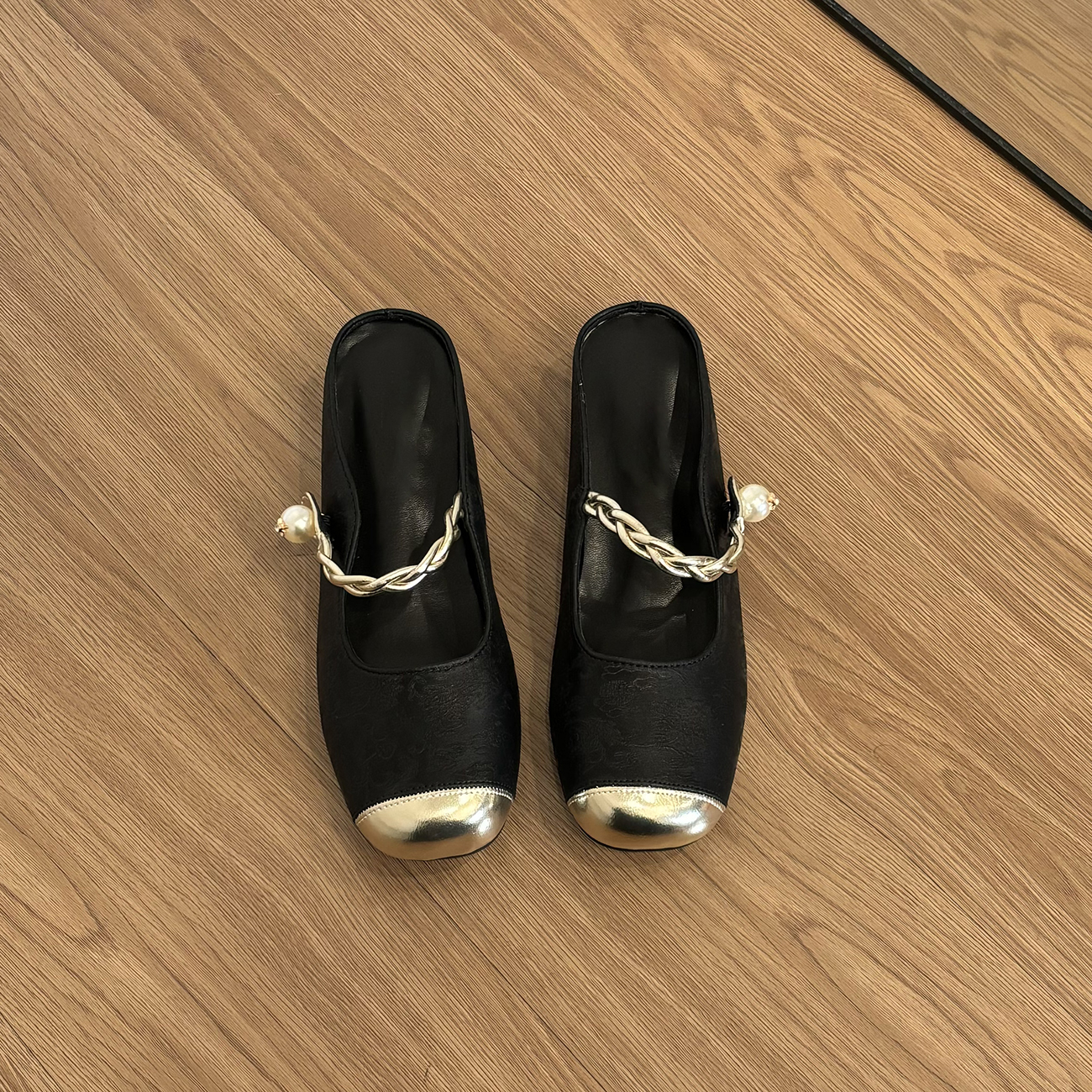 Genuine Leather Sheepskin Pearl Toe Half Slippers for Women - Chinese Style National Wind Summer Mary Jane Sandals, Height-Increasing Outdoor Wear