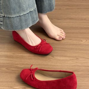 Genuine Leather Sheepskin Spring Ballet Flats for Women - Height-Increasing, Bow Detail, Shallow Mouth Loafers, Driving Shoes