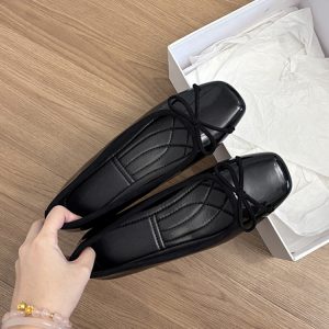 Genuine Leather Wine Red Sheepskin Square-Toe Bow Ballet Flats for Women – Height-Increasing Commuting OL Style Shoes