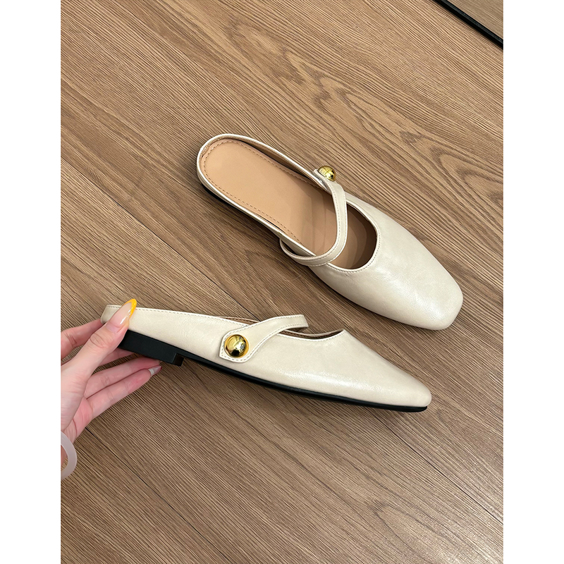 Genuine Sheepskin Leather Open-Toe Half Slippers for Women - Summer French-Style Mule Shoes, Casual Height-Increasing Sandals