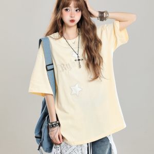 Girls' American Style Star Print Short Sleeve T-Shirt, Unique Summer Design, Loose Fit, Trendy Casual Wear