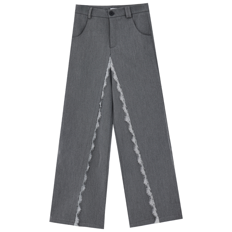 Gray Lace Splicing Design Wide-Leg Suit Pants for Women - Summer Loose Draped Fashion Trousers - Y2K Style