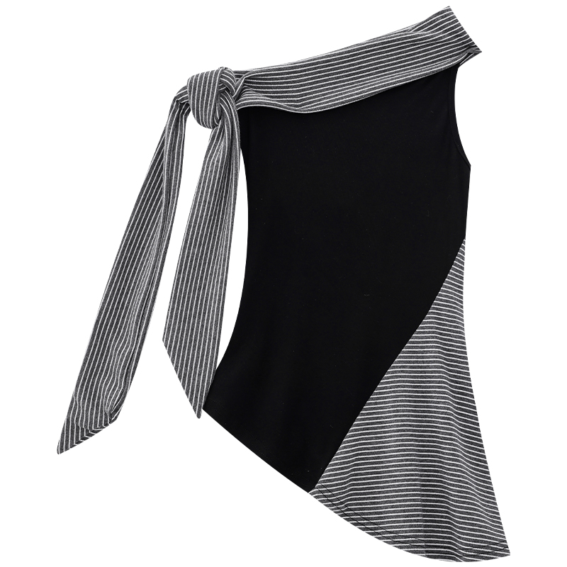 Gray Striped Asymmetrical Shoulder Sleeveless T-Shirt for Women - Summer Slim Fit Top, Casual Fashion Essential, 90s Inspired Style