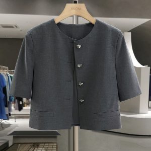 Gray Textured Lightweight Suit Jacket for Women - Slimming Summer Style, Mature Streetwear, 2025 Fashion Trend