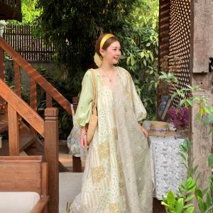 Green Island Long Summer Floral Dress - Women's Loose Embroidered Mesh Spliced Puff Sleeve Maxi Dress, Vintage Style