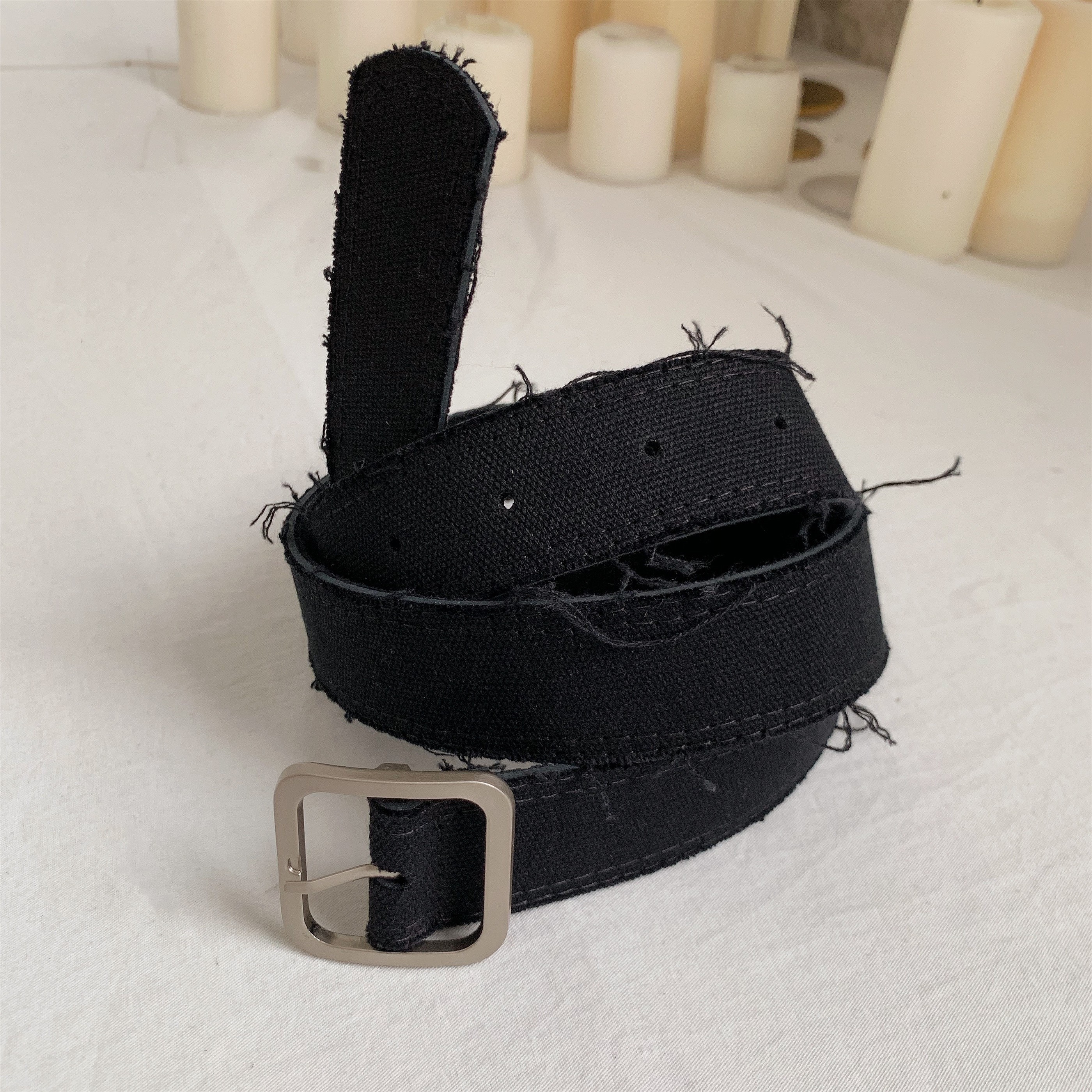 Handmade Mohair Edge Fabric Waist Belt - Simple Versatile Black Unisex Belt in Harajuku Style for Y2K Fashion