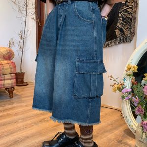 Handmade Retro Denim Workwear Capris with Big Pockets, Cat Whiskers, Versatile Wide-Leg Straight Embroidered Loose Pants for Y2K Style