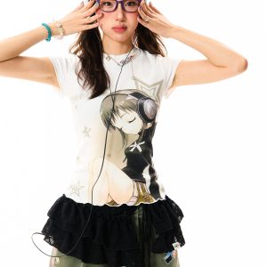 Headphone Girl Graphic Short Sleeve T-Shirt for Women - Lightweight Slim Fit Summer Top in Trendy Y2K Style