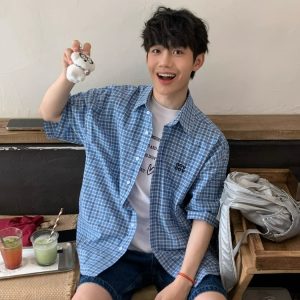 High-End Blue Plaid Short Sleeve Shirt for Men and Women, Summer College Style with Letter Embroidery, Loose Casual Top