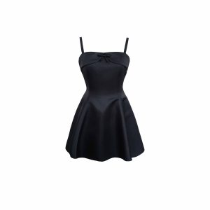 High-End Satin Spaghetti Strap Dress - Waist-Defined Black Dress with Elegant Design for Special Occasions, Perfect for Y2K and 90s Styles