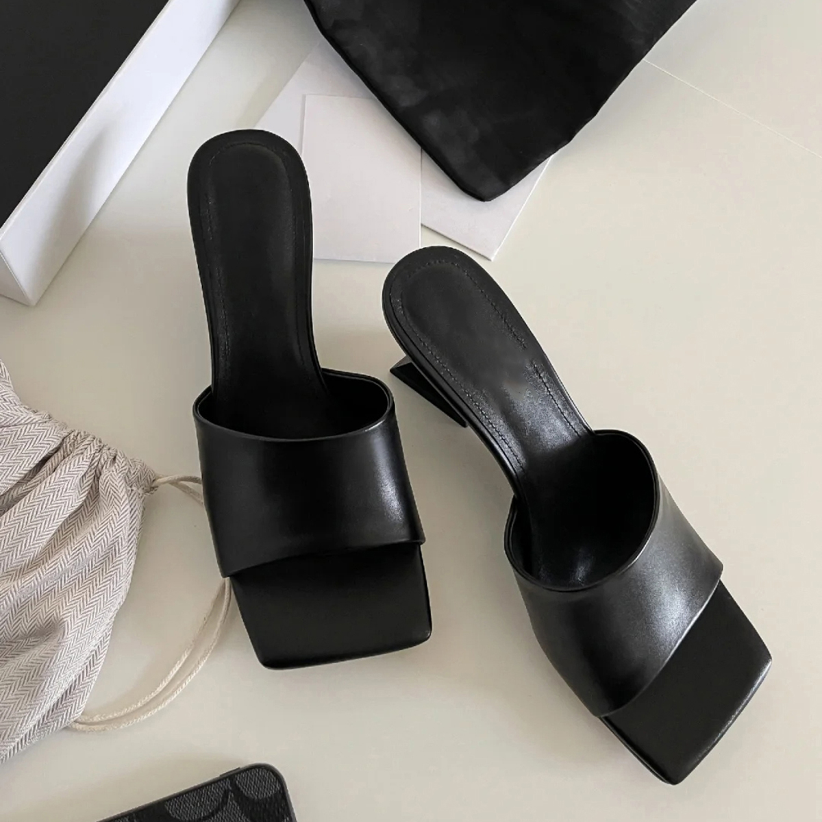 High-End Sheepskin Open-Toe Mule Shoes with Irregular Heel - Stylish Square Toe High-Heeled Sandals for Women