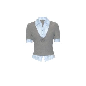 High Intelligence Blue Striped Fake Two-Piece Short Sleeve Shirt Top - Trendy 90s Style Casual Fashion