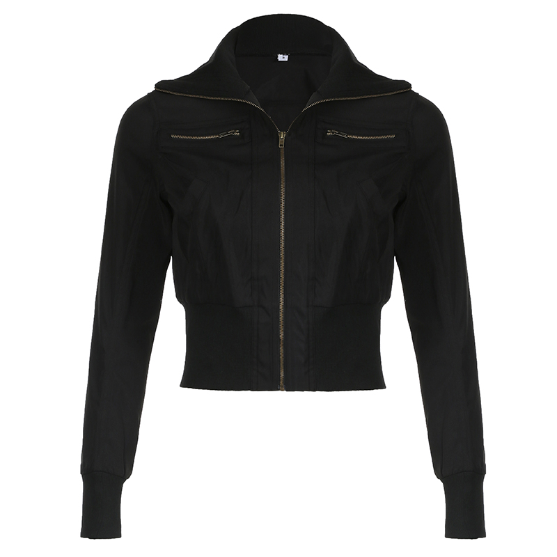 High-Neck Metallic Zipper Short Jacket for Women - Unisex Trendy Cyber Warrior Style with Elastic Waist, Cool 90s-Inspired Fashion