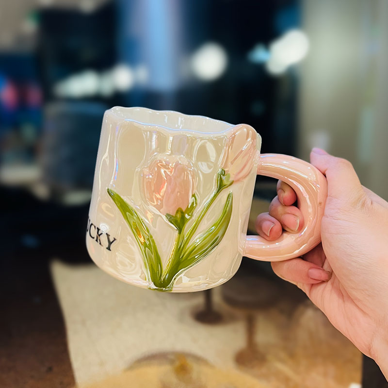High-Quality Tulip Ceramic Coffee Mug - Ins Style Fresh Water Cup, Perfect Gift for Girl's Birthday