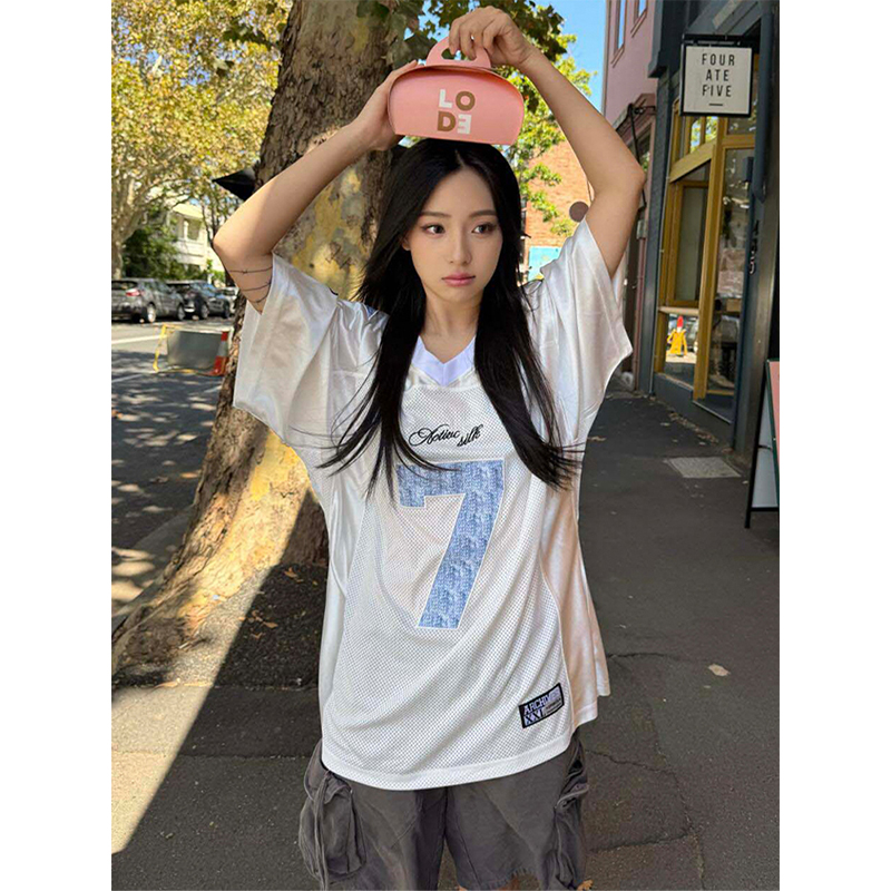 High Street V-Neck Short Sleeve Women's Summer Digital Print Jersey T-Shirt, Unique Loose Color-Blocking Top, American Style