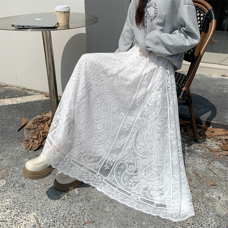 High Waist White Lace Tulle Half Skirt for Women - A-Line Slimming Qipao Underskirt, Elegant Fairy Style Long Dress
