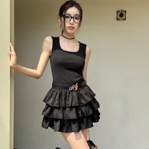 High-Waisted Black Satin Cake Skirt for Women - Lightweight, Slimming Puff A-Line Half Skirt for Summer Fashion