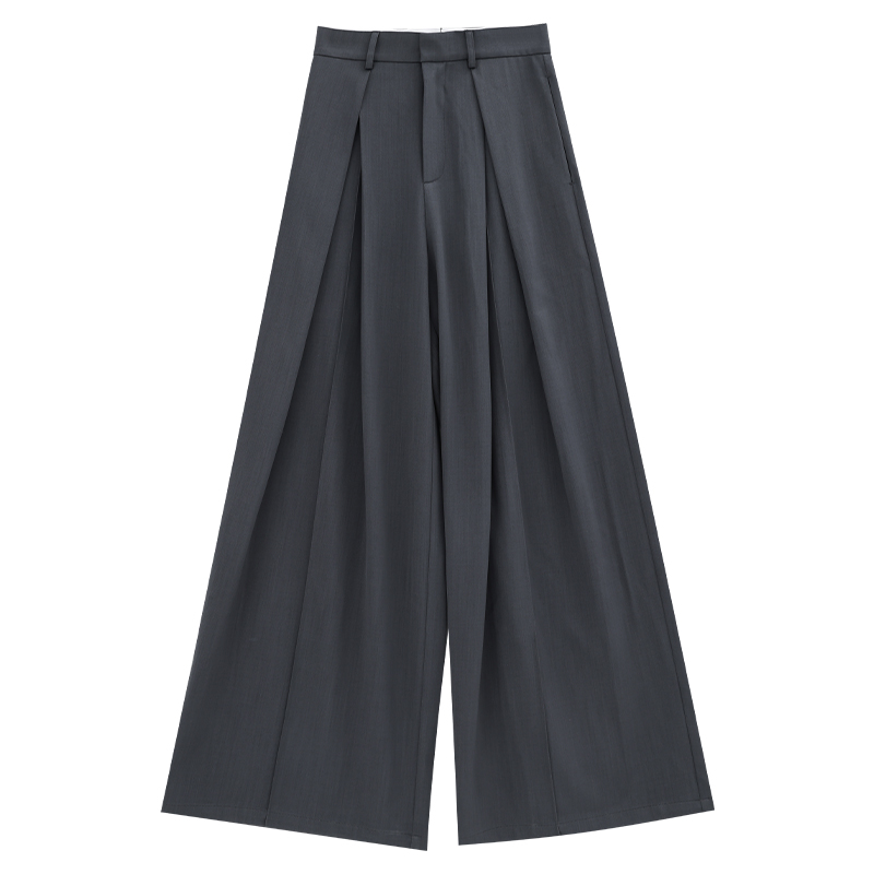 High-Waisted Draped Gray Suit Pants for Women – Casual Floor-Length Wide-Leg Trousers for Autumn/Winter 2024 Fashion