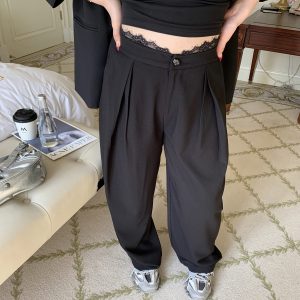High-Waisted Lace Splicing Wide-Leg Pants - Relaxed Fit Slimming Trousers for Effortless Style