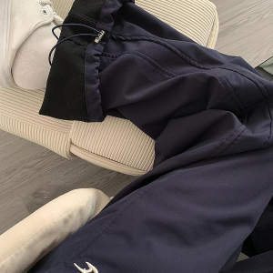 High-Waisted Navy Blue Relaxed Straight-Leg Work Pants for Women, Loose Fit Wide-Leg Sports Casual Trousers for Spring and Autumn