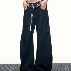 High-Waisted Ruffled Wide-Leg Floor-Length Jeans for Women - Deep Blue Washed Summer Style, Trendy Y2K Fashion
