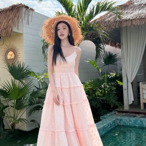 High-Waisted V-Neck Camisole Dress in Light Cotton with Heavy Embroidery and Flowy Skirt for Summer Vacation - Trendy and Chic