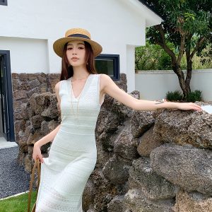 High-Waisted V-Neck Tencel Knit Hollow Dress - Slim Fit Long Skirt for Women, Perfect for Spring and Summer Style