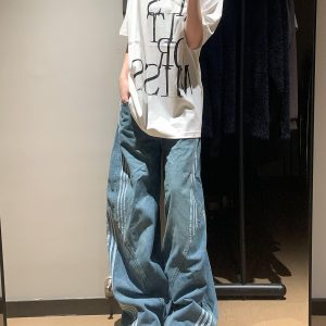 High-Waisted Vintage Distressed Denim Pants for Women, 2025 Trendy Slim Straight Wide-Leg Trousers, Casual Retro Style