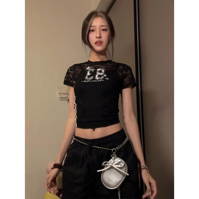 Hollowed-Out Spicy Girl Short Sleeve Digital Print Jersey T-Shirt - Slim Fit Summer Style Y2K Fashion Top