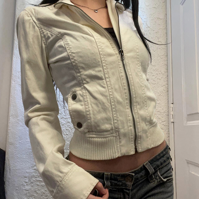 Industrial Style Zipper Jacket for Women - Deconstructed Splicing, Pocket, Stand Collar, Slim Fit, Cinched Waist, Short Coat
