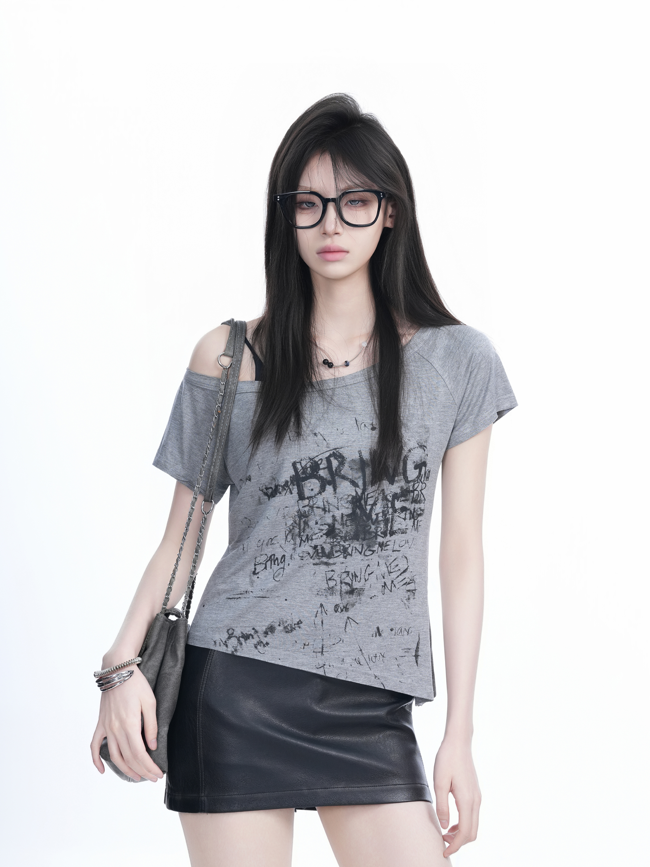 Irregular Off-Shoulder Short Sleeve T-Shirt for Women - Summer Sexy Slim Fit Top with Trendy 'Sit and Eat' Print