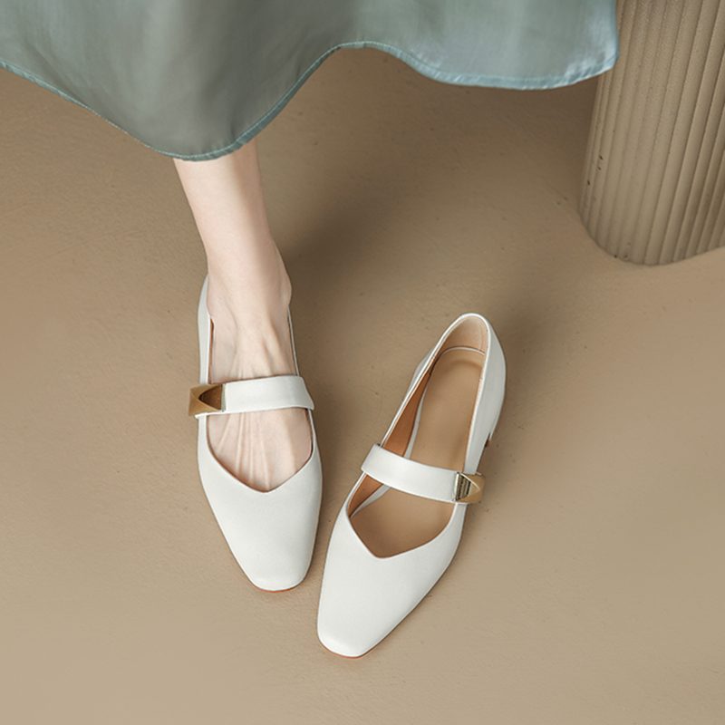 Italian-Style Genuine Leather Square Toe Flats for Women - Comfortable 3 cm Mid-Heel Soft Sole Shoes, Versatile Fashion Footwear