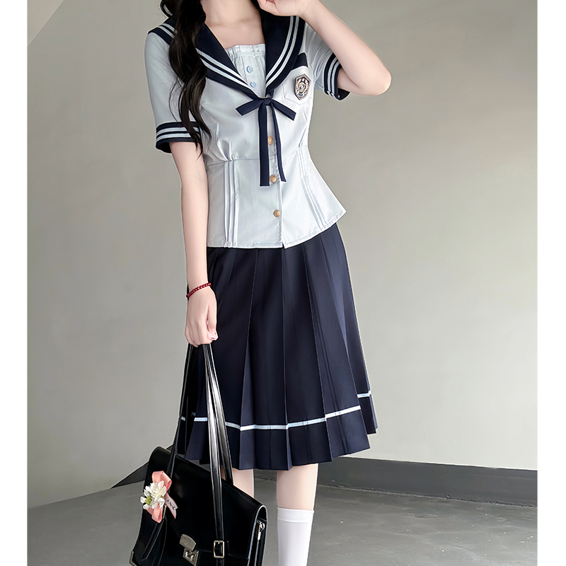 Japanese College Style Sailor Suit with Navy Collar and Waist-Collecting Design - Women's Summer Short Sleeve JK Uniform Set