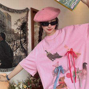 Japanese Retro Cute Cat Print Short Sleeve T-Shirt for Women, Bow Detail, Loose Fit, Y2K Style, Casual Summer Top