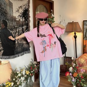 Japanese Retro Cute Cat Print Short Sleeve T-Shirt for Women, Bow Detail, Loose Fit, Y2K Style, Casual Summer Top
