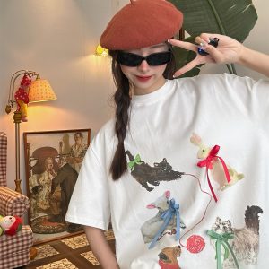 Japanese Retro Cute Cat Print Short Sleeve T-Shirt for Women with Bow and Round Neck - Fun Y2K Style Loose Fit Top
