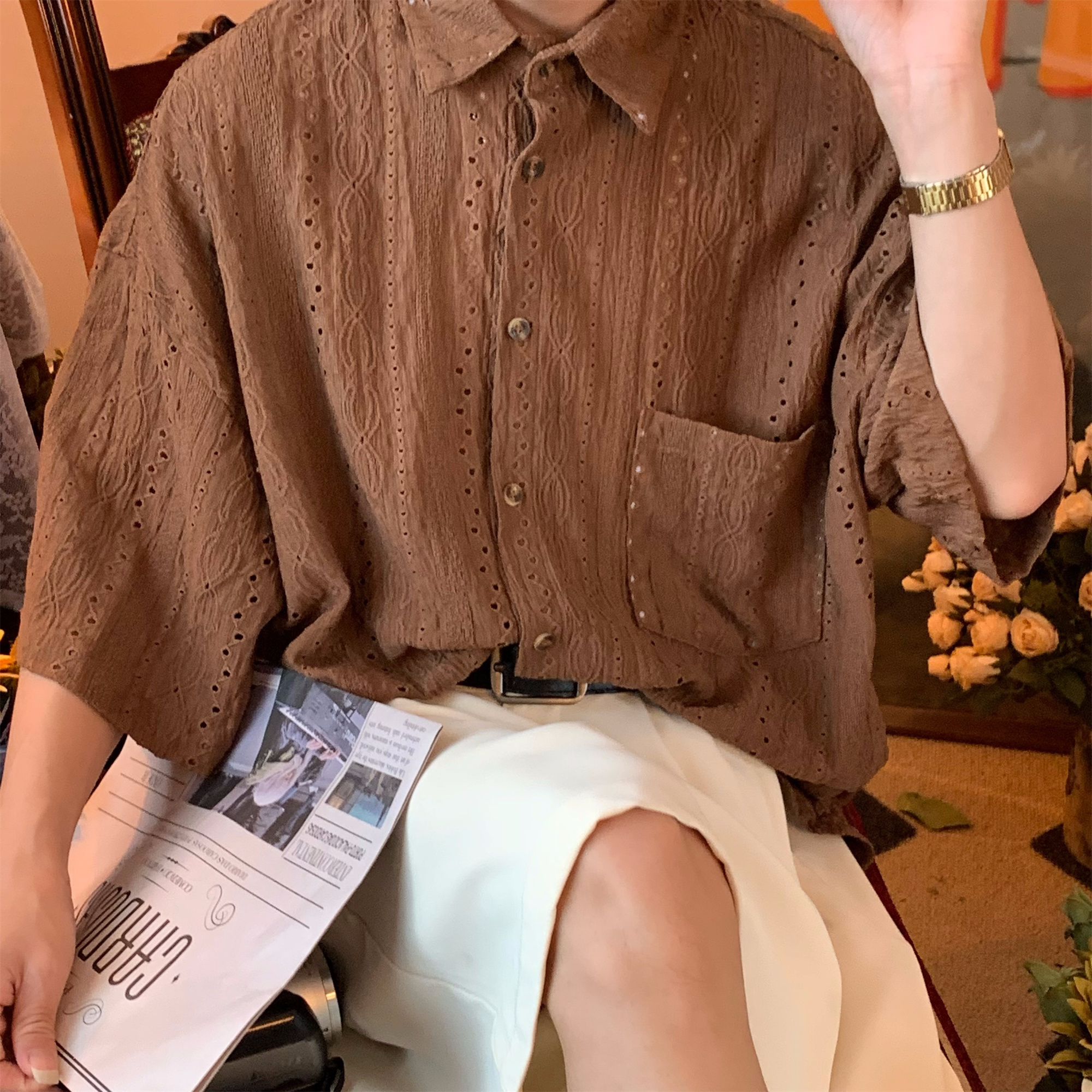 Japanese Retro Minimalist Hollow Short Sleeve Shirt - Summer Light Luxury Unisex Top for a Niche 90s Aesthetic