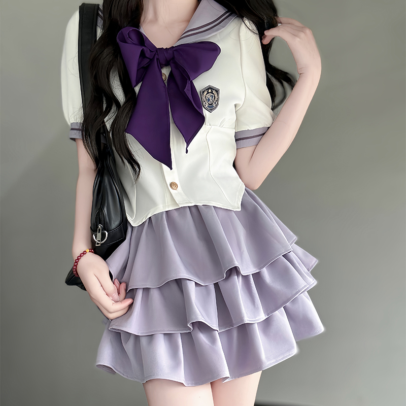 Japanese Sailor Suit Women's Summer Outfit - Pudding Bear Inspired JK Uniform with Waist-Defined Short Sleeve & Purple Cake Skirt