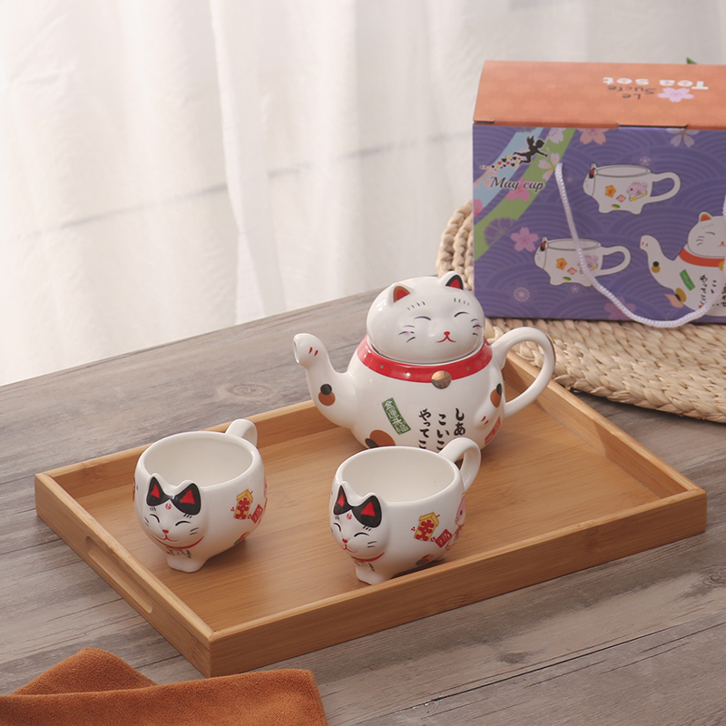 Japanese-Style Ceramic Lucky Cat Tea Set with Teapot & 2 Teacups - Cute Cartoon Design, Perfect Gift for Women & Business Openings