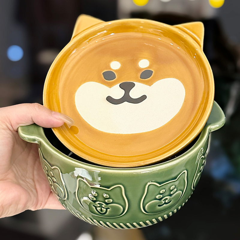 Japanese-Style Cute Shiba Inu Double-Ear Ceramic Noodle Bowl with Lid, Large-Capacity, High-End, Microwave-Safe for Home Use