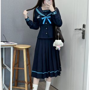 JK Long Sleeve Navy Collar Top & Dark Blue Long Skirt Set - School Supply Style, College Aesthetic, Y2K Fashion