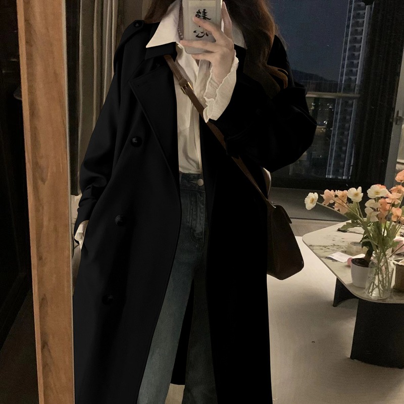 Khaki Mid-Length Trench Coat for Women - 2024 Spring Autumn Korean Style, British Design, Perfect for Petite Figures