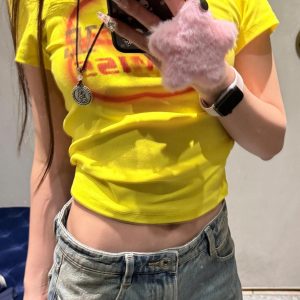 Korean Style Color-Blocking Letter Print Fitted Short-Sleeve Cotton T-Shirt for Women - High-Stretch Slim Fit 25SS