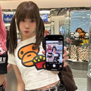 Korean Style Fun Fries Cartoon Print Slim Fit Cotton Top for Spicy Girls - High Elastic Short Sleeve Shirt