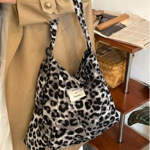 Korean-Style Leopard Print Wool Tote Bag for Women | Large Capacity Mother-Daughter Shoulder Crossbody Bag