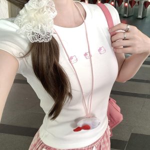 Korean Style Pink Kitty Cartoon Print Fitted Slim High-Stretch Short Sleeve T-Shirt in Pure Cotton for Trendy Casual Wear