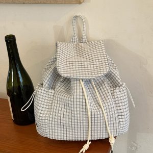 Korean-Style Plaid Drawstring Backpack - Large Capacity Lightweight Nylon Student Commuter Bag