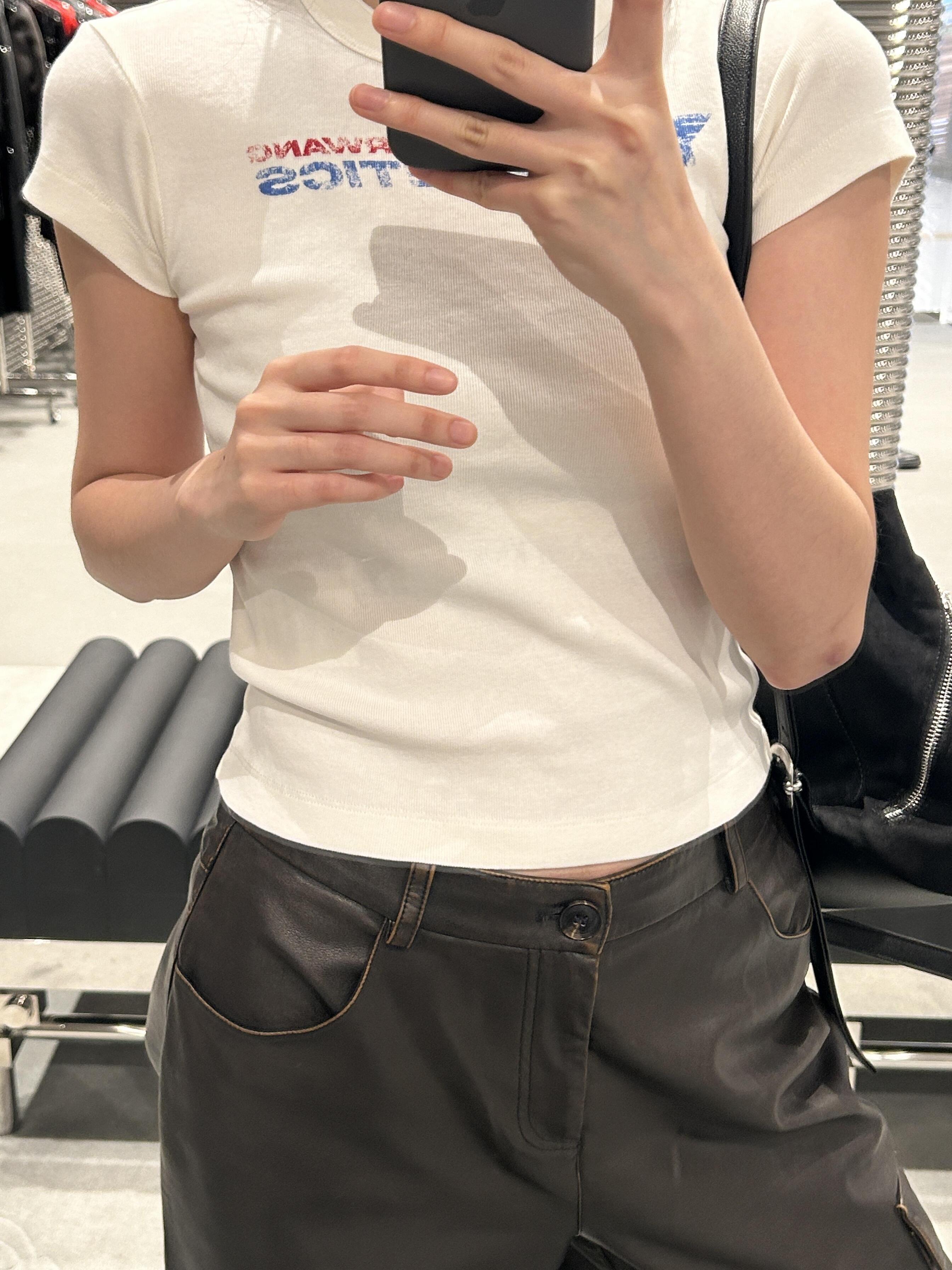 Korean Style Retro Distressed Letter Print Fitted Slim Cotton Short Sleeve T-Shirt - 25SS High-Stretch Fashion Top