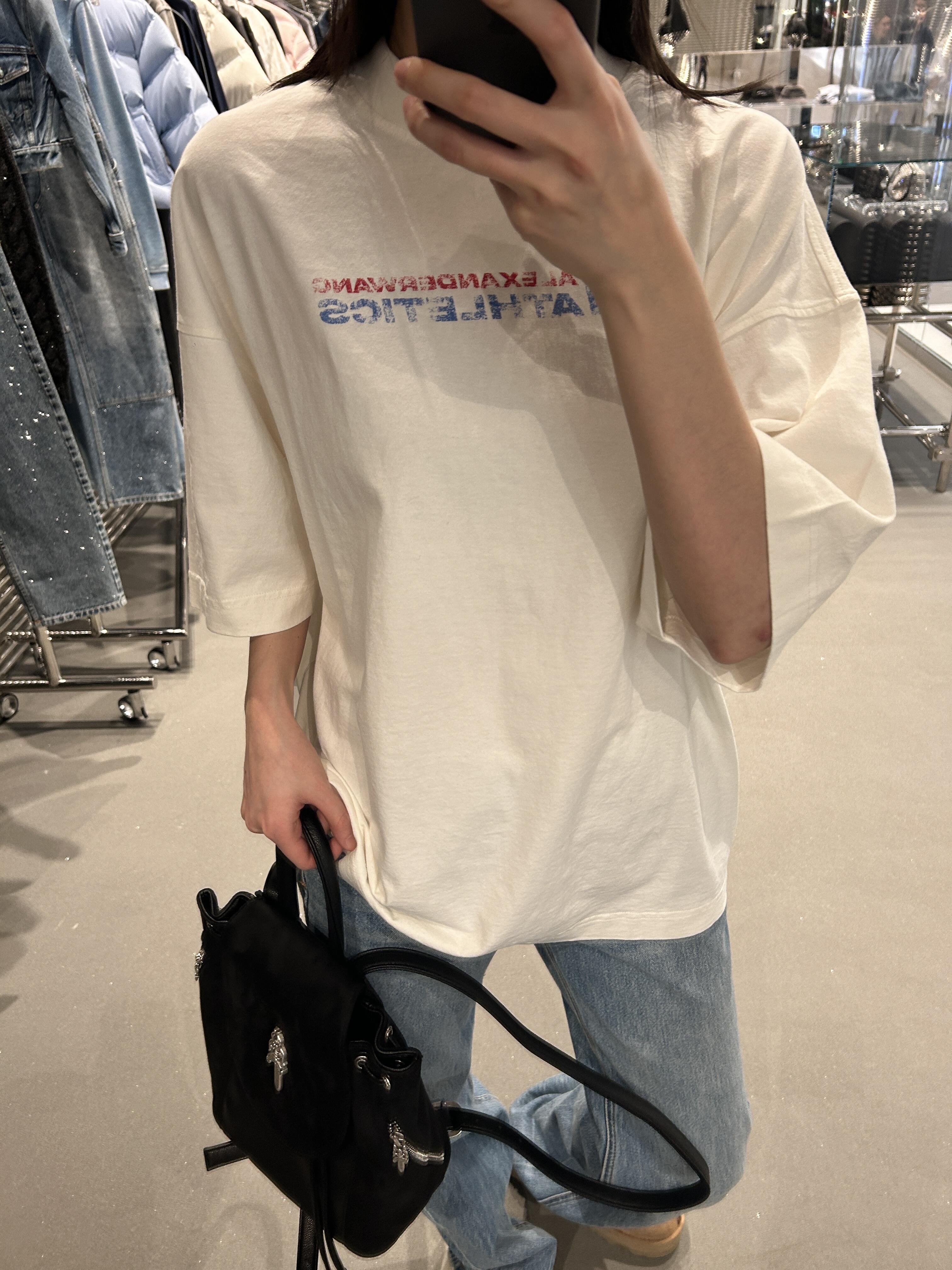 Korean Style Retro Distressed Letter Print Fitted Slim Cotton Short Sleeve T-Shirt - 25SS High-Stretch Fashion Top
